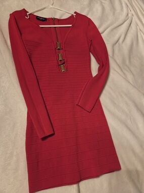 bebe Red Long-Sleeve Bandage Dress with Gold Accent Hardware